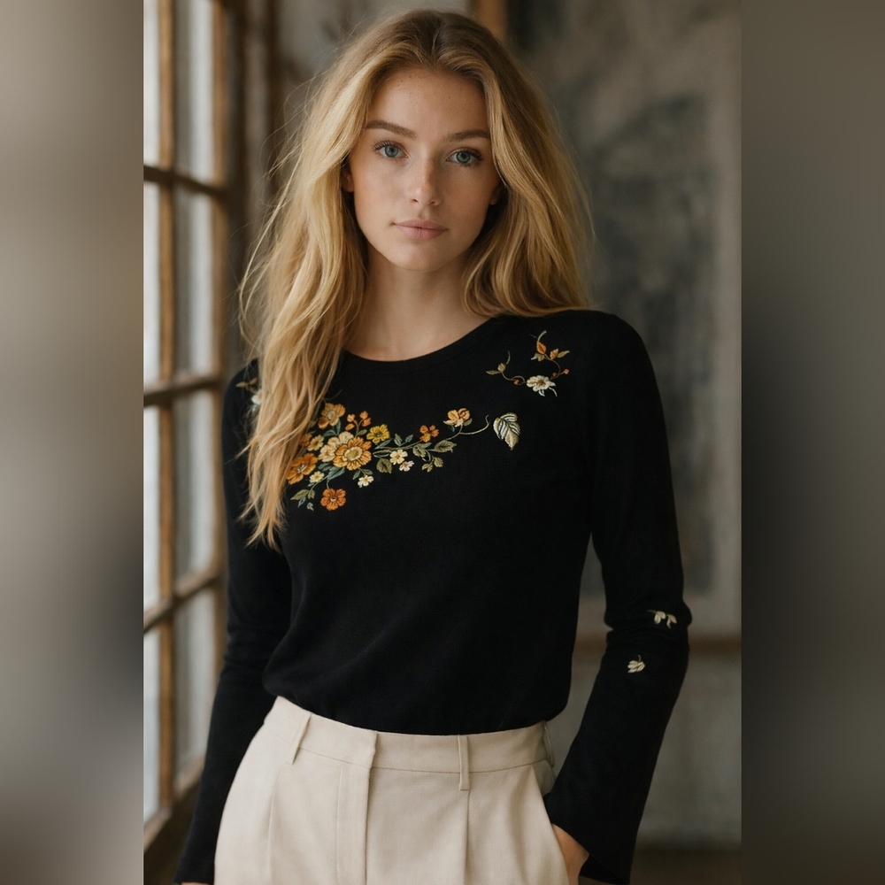 Classic Black Floral Embroidered Long-Sleeve Top